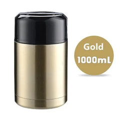A gold-colored 1000ml stainless steel vacuum insulated food container with a black lid.