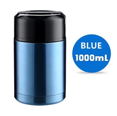 A blue 1000ml stainless steel vacuum insulated food container with a black lid.