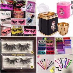 A collection of 3D mink eyelashes, lash applicators, and small portable lash cleaning machines.