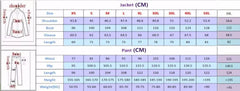 A size chart for a men's two-piece suit showing jacket and pant measurements in centimeters.