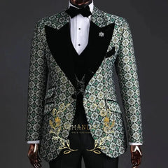 A three-piece men's tuxedo featuring a patterned green and white jacket with black shawl lapels.