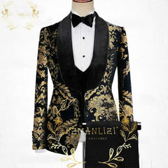A black and gold floral patterned tuxedo jacket with a black shawl lapel and matching vest.