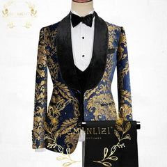 A slim-fit navy blue and gold floral patterned tuxedo jacket with a black shawl lapel.