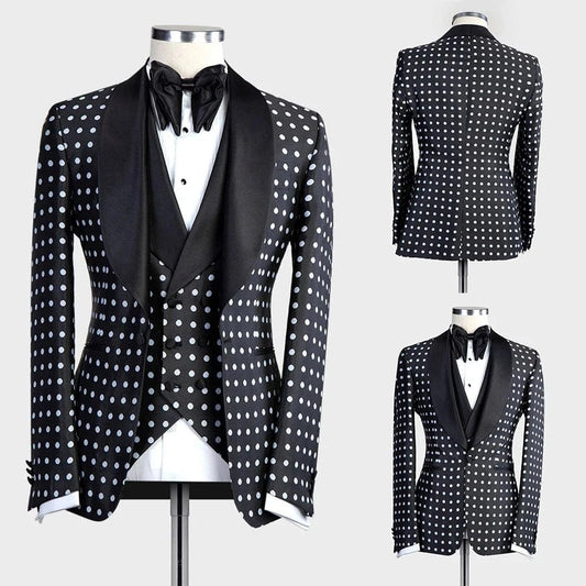 Latest Design Black White Dots Mens Suits For Wedding Shawl Lapel Groom Tuxedos Slim Fit Terno Masculino Prom Party 3 Pieces Set - SHOWLU FASHION STORE