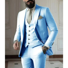 A man wears a light blue three-piece slim fit suit with a matching vest and trousers.