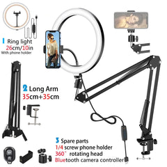 A 10-inch LED ring light with a foldable 35cm plus 35cm arm and phone holder.