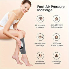 A woman wears a portable calf air compression massager with heat and three massage modes.
