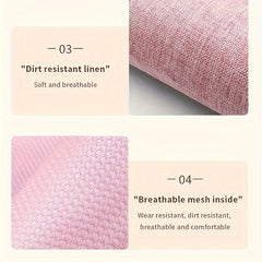 Close-up views of the pink linen exterior and breathable mesh interior of the leg massager.