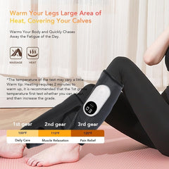 A person wears a black calf compression massager with a digital display showing three heat settings.