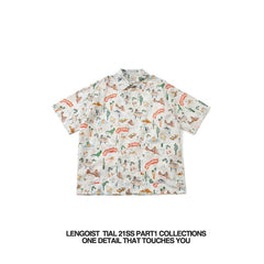 A short-sleeved button-down shirt featuring a colorful retro print of dinosaurs and landmarks.