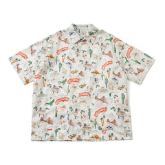 A short-sleeved button-down shirt featuring a colorful retro print of landmarks and dinosaurs.