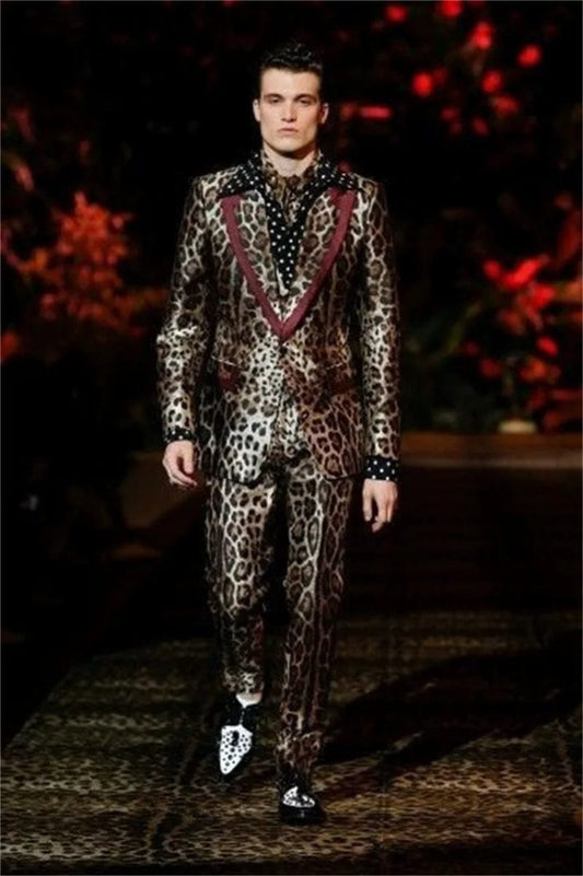 Leopard Velvet Men's Suit Pants Set Wedding Tuxedo Formal Business Best Man Groom 2 Piece Blazer Coat Trousers Tailored Made - SHOWLU FASHION STORE