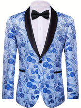 A light blue floral jacquard blazer featuring a black shawl lapel and a single button closure.