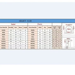 A size chart table for men's suits showing jacket and pants measurements by size.