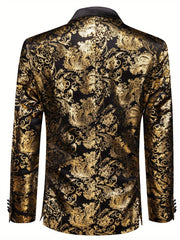 A black men's blazer featuring a gold paisley pattern, a lapel collar, and a single-button closure.