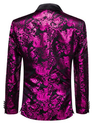 A men's blazer in black with a vibrant magenta paisley pattern, featuring a lapel collar.