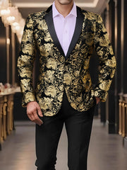 A man wears a black blazer featuring a gold paisley pattern with a black lapel and one button.