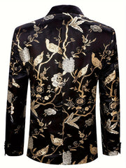 A black men's blazer featuring an intricate gold and silver floral and bird pattern.