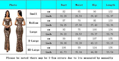 A size chart for an off-the-shoulder floral maxi dress with measurements in centimeters and inches.