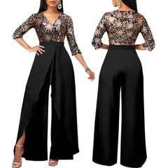 A woman models a black jumpsuit with a gold floral bodice and a split-front wide-leg pant.