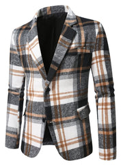 A men's long sleeve casual blazer in a black, white, and tan plaid brushed fabric.