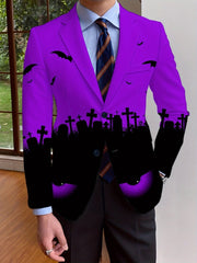 A men's purple single-breasted suit jacket featuring a Halloween graveyard print with bats and glowing eyes.