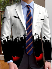 A white single-breasted suit jacket featuring a black graveyard and bat Halloween print.