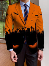A men's single-breasted suit jacket featuring an orange and black Halloween print with bats, tombstones, and glowing eyes.