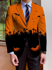 A men's single-breasted suit jacket featuring an orange and black Halloween print with bats, tombstones, and glowing eyes.