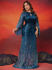 Lucyinlove Plus Size Elegant Long Sleeves Sequins Blue Evening Dress Women Luxury Formal Floor LenghtParty Prom Cocktail Gowns - SHOWLU FASHION STORE