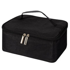 A small, rectangular black insulated lunch bag with a top handle and double zipper closure.