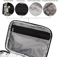 An open black insulated lunch bag with a zippered mesh interior pocket and aluminum foil lining.
