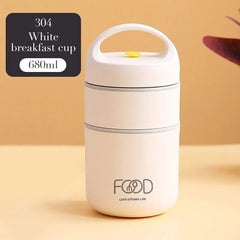 A white, double-layered stainless steel thermal lunch box with a carrying handle.