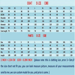 A size chart for men's suits showing measurements in centimeters for coats and pants.