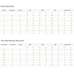 A dress size chart showing measurements in inches and centimeters for standard and plus sizes.