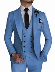 A light blue three-piece suit featuring a double-breasted vest, peak lapels, and a black tie.