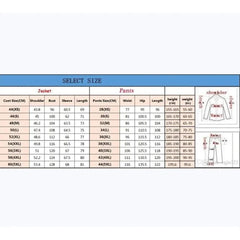 A size chart table for men's suits showing jacket and pants measurements by size.