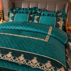 Luxury Quilted Velvet Duvet Cover Set Queen King Double Bed Embroidery Lace European Quilt Cover Solid Color 2 Pillowcases Soft - SHOWLU FASHION STORE