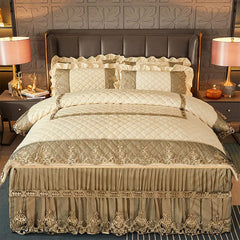 Luxury Quilted Velvet Duvet Cover Set Queen King Double Bed Embroidery Lace European Quilt Cover Solid Color 2 Pillowcases Soft - SHOWLU FASHION STORE