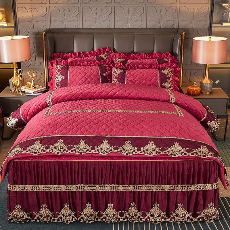 Luxury Quilted Velvet Duvet Cover Set Queen King Double Bed Embroidery Lace European Quilt Cover Solid Color 2 Pillowcases Soft - SHOWLU FASHION STORE