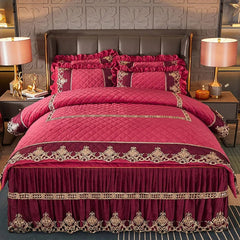 Luxury Quilted Velvet Duvet Cover Set Queen King Double Bed Embroidery Lace European Quilt Cover Solid Color 2 Pillowcases Soft - SHOWLU FASHION STORE