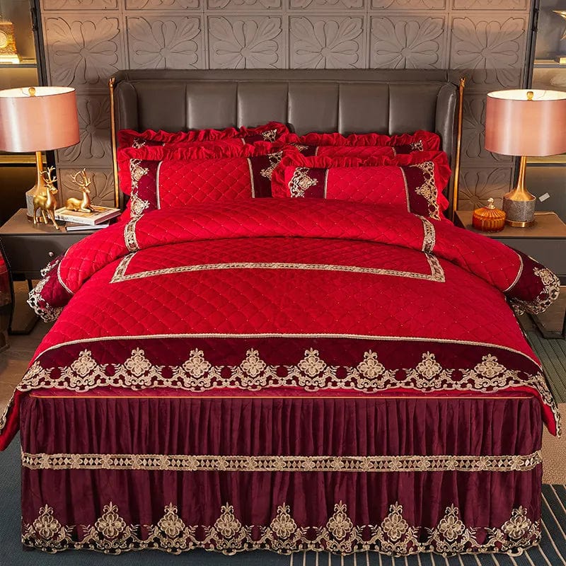 Luxury Quilted Velvet Duvet Cover Set Queen King Double Bed Embroidery Lace European Quilt Cover Solid Color 2 Pillowcases Soft - SHOWLU FASHION STORE