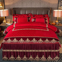Luxury Quilted Velvet Duvet Cover Set Queen King Double Bed Embroidery Lace European Quilt Cover Solid Color 2 Pillowcases Soft - SHOWLU FASHION STORE