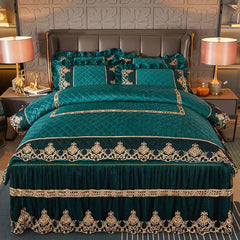 Luxury Quilted Velvet Duvet Cover Set Queen King Double Bed Embroidery Lace European Quilt Cover Solid Color 2 Pillowcases Soft - SHOWLU FASHION STORE