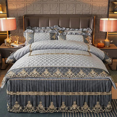 Luxury Quilted Velvet Duvet Cover Set Queen King Double Bed Embroidery Lace European Quilt Cover Solid Color 2 Pillowcases Soft - SHOWLU FASHION STORE