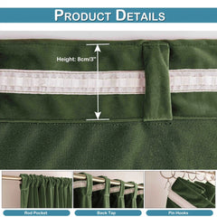 A close-up of a green velvet curtain header showing the rod pocket, back tab, and hook options.