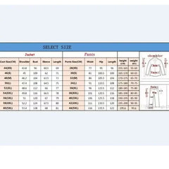 A size chart table for men's suits showing jacket and pants measurements by height and weight.