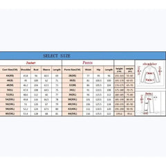 A size chart table for men's suits showing jacket and pants measurements in centimeters.