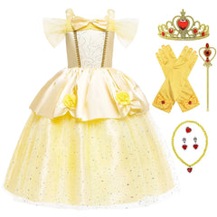 LZH Girls Princess Bell Yellow Dresses for Kids Christmas Halloween Party Cosplay Costume Children Fancy Cos Dress Up - SHOWLU FASHION STORE