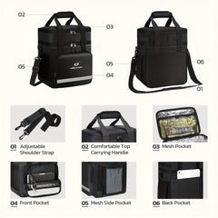 A black Maelstrom insulated lunch cooler bag shown with its various storage pockets and strap.